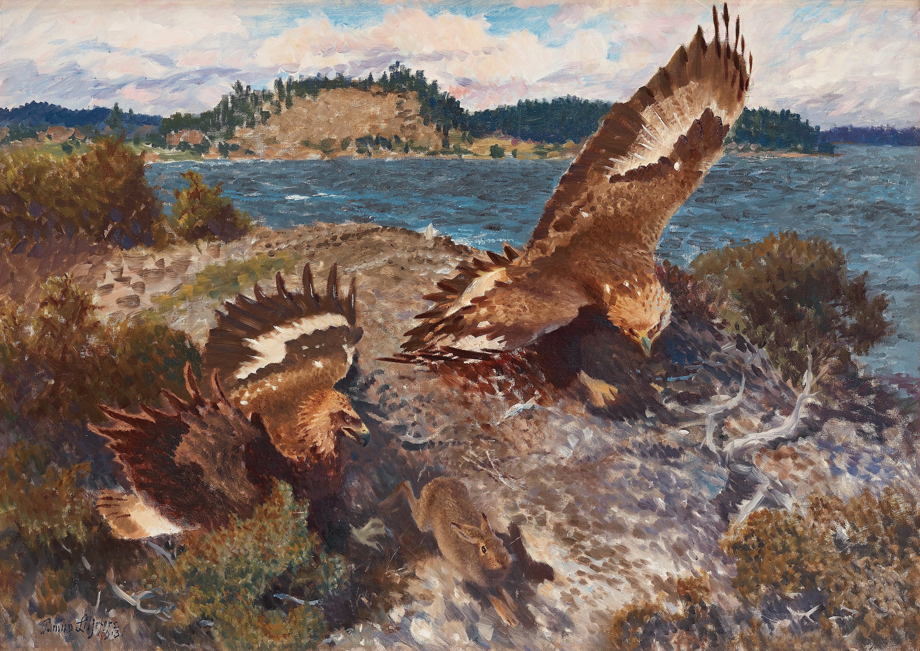 Artwork by Bruno Liljefors, Eagles Chasing a Hare, Made of Oil on canvas