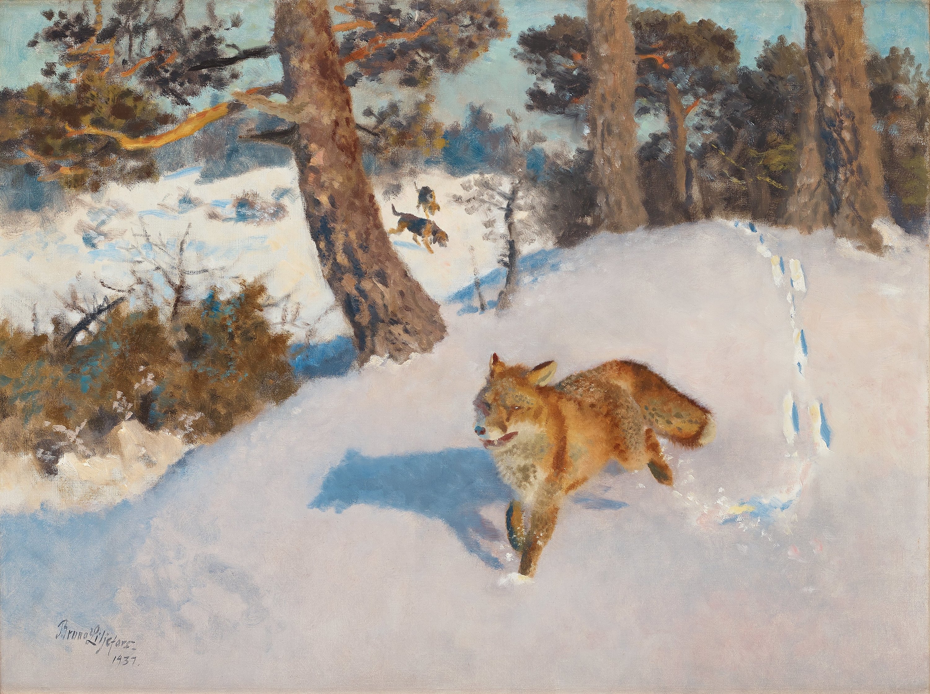 Artwork by Bruno Liljefors, Dogs Hunting a Fox, Made of Oil on canvas