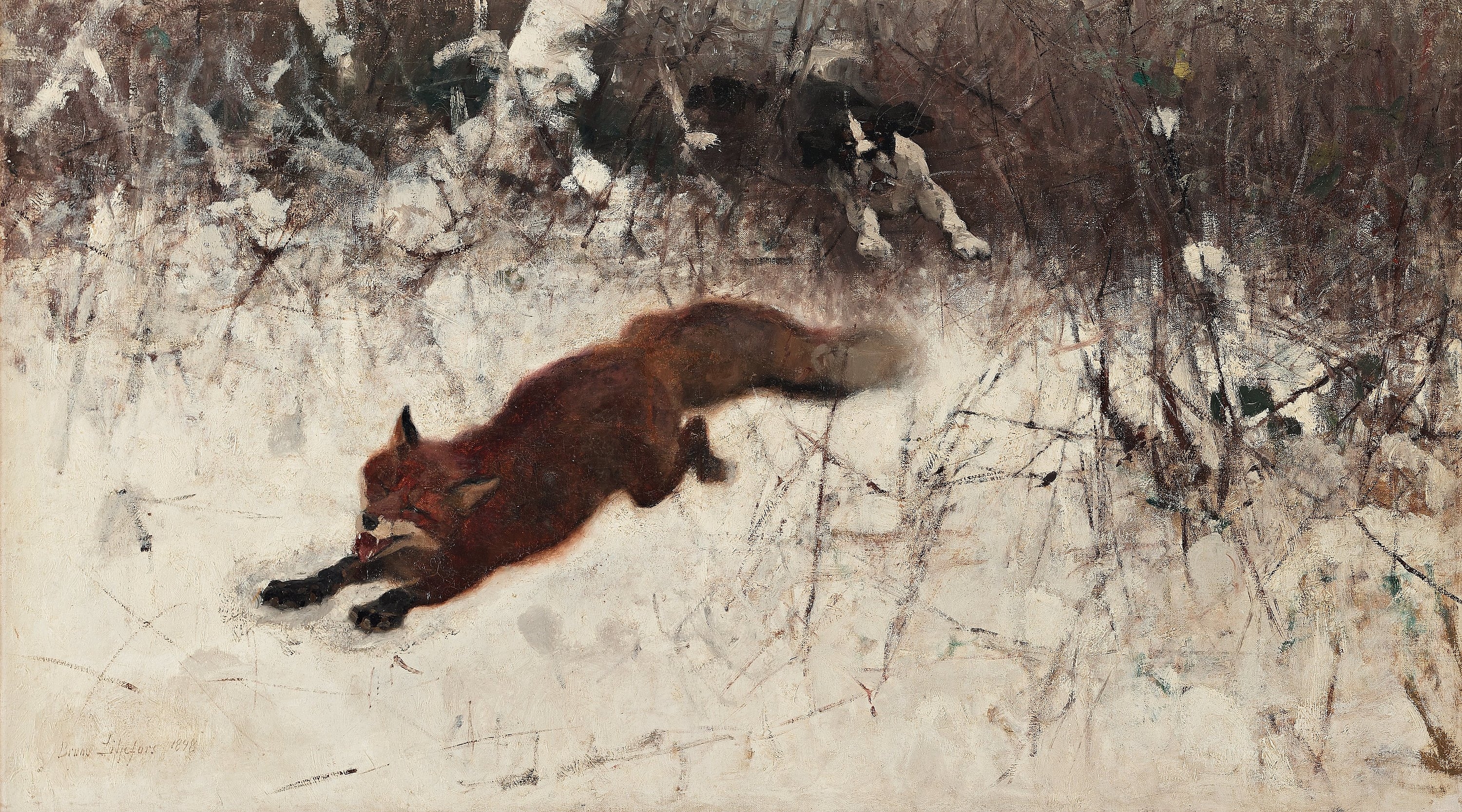 Artwork by Bruno Liljefors, Winter Hunt with Fox and Hounds, Made of Oil on canvas laid down on panel