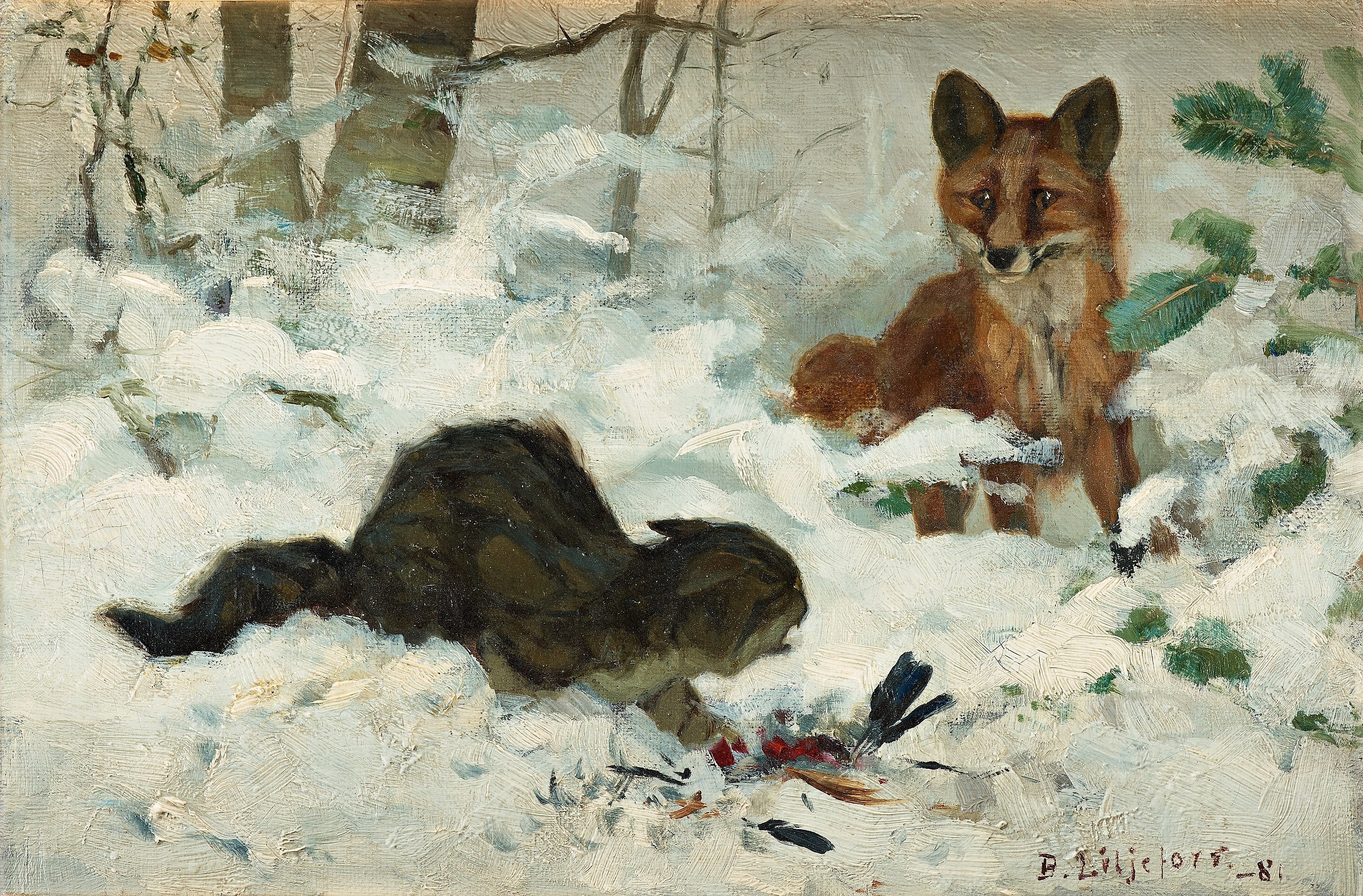 Artwork by Bruno Liljefors, Hunting Cat Surprised by a Fox, Made of Oil on canvas
