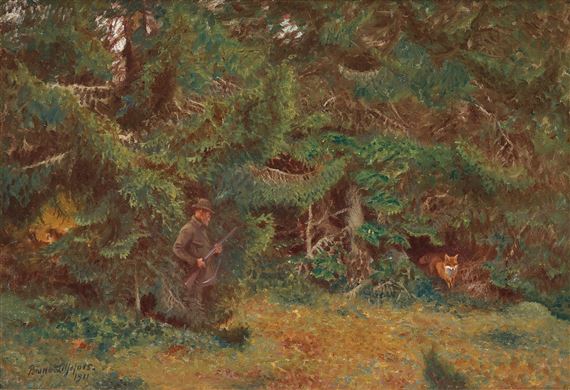 Hunter and Fox by Bruno Liljefors, 1911