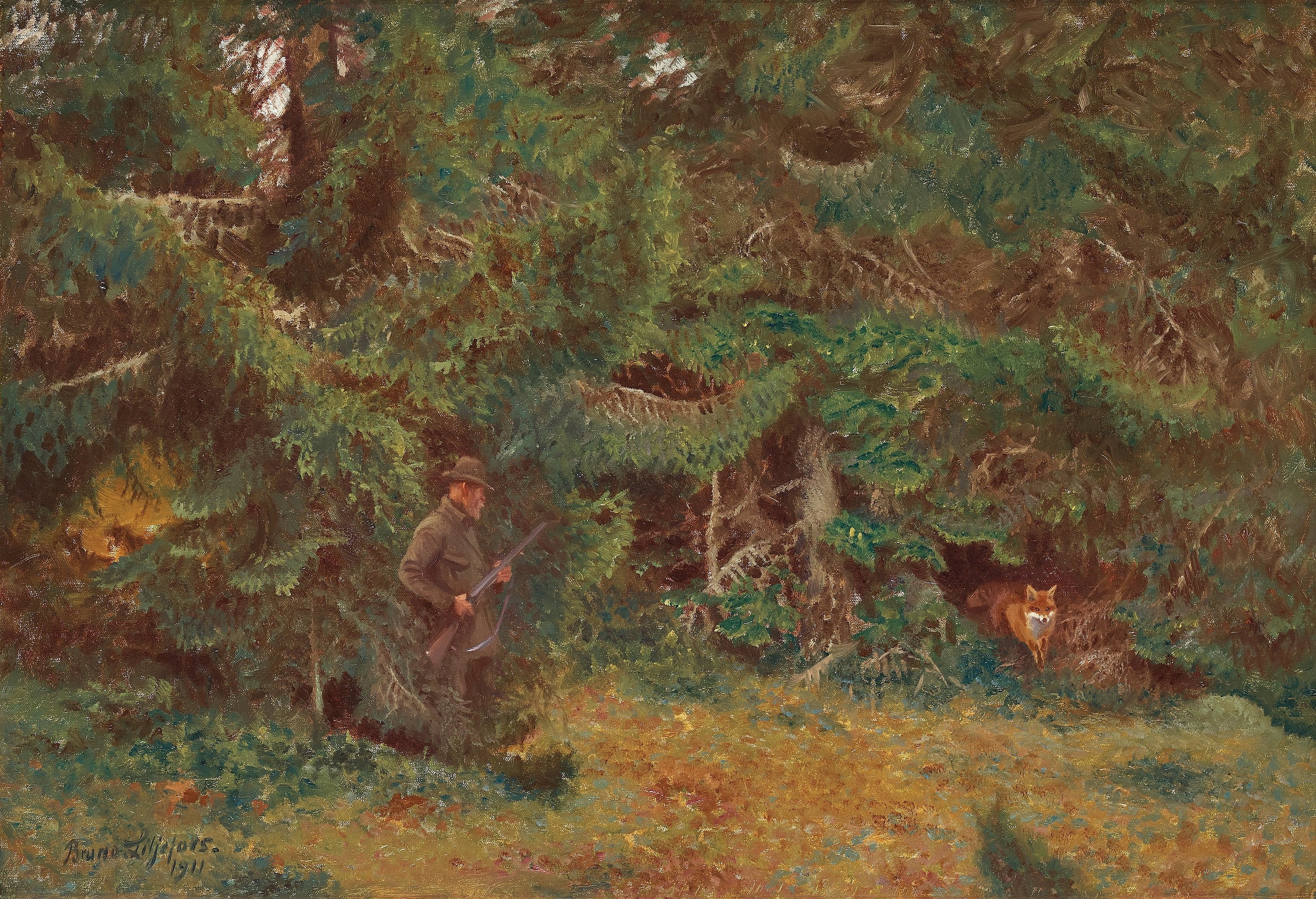 Artwork by Bruno Liljefors, Hunter and Fox, Made of Oil on canvas