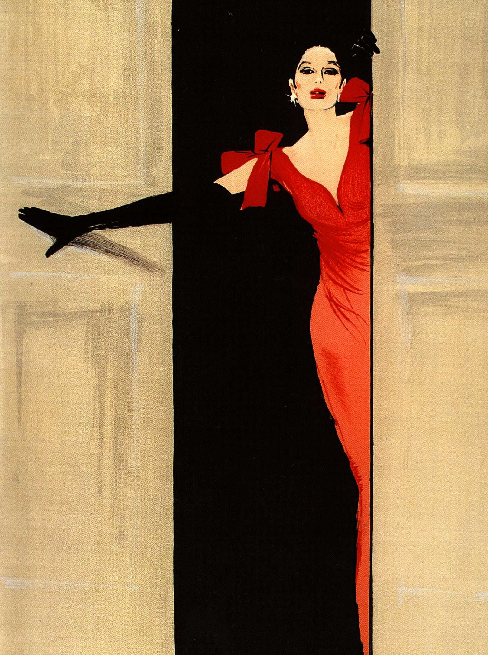 Lady in Doorway Wearing Red Dress by René Gruau