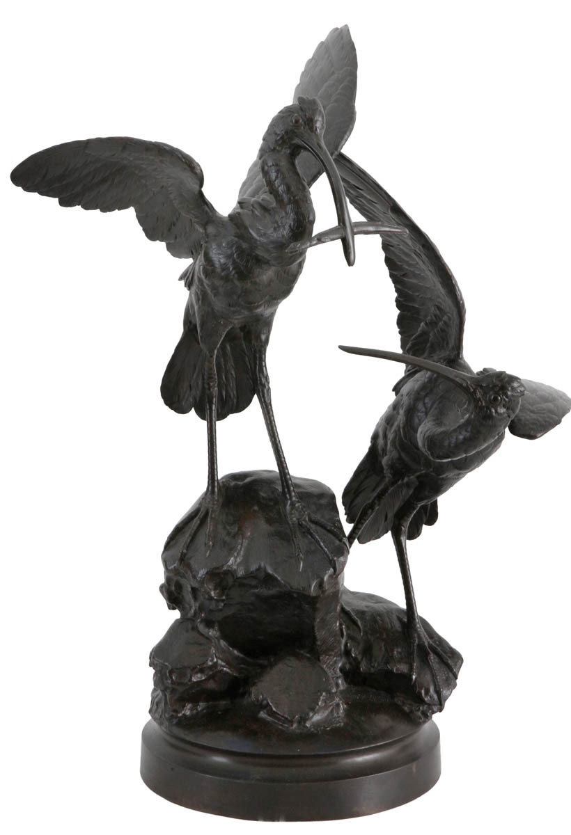 Artwork by Auguste Jean Baptiste Lechesne, Koppel reigers met paling op rots, Made of Bronze, brown patina