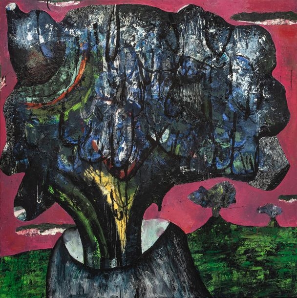 Artwork by Alexis Fraikin, Les volcans sur fond rose., Made of Oil on canvas