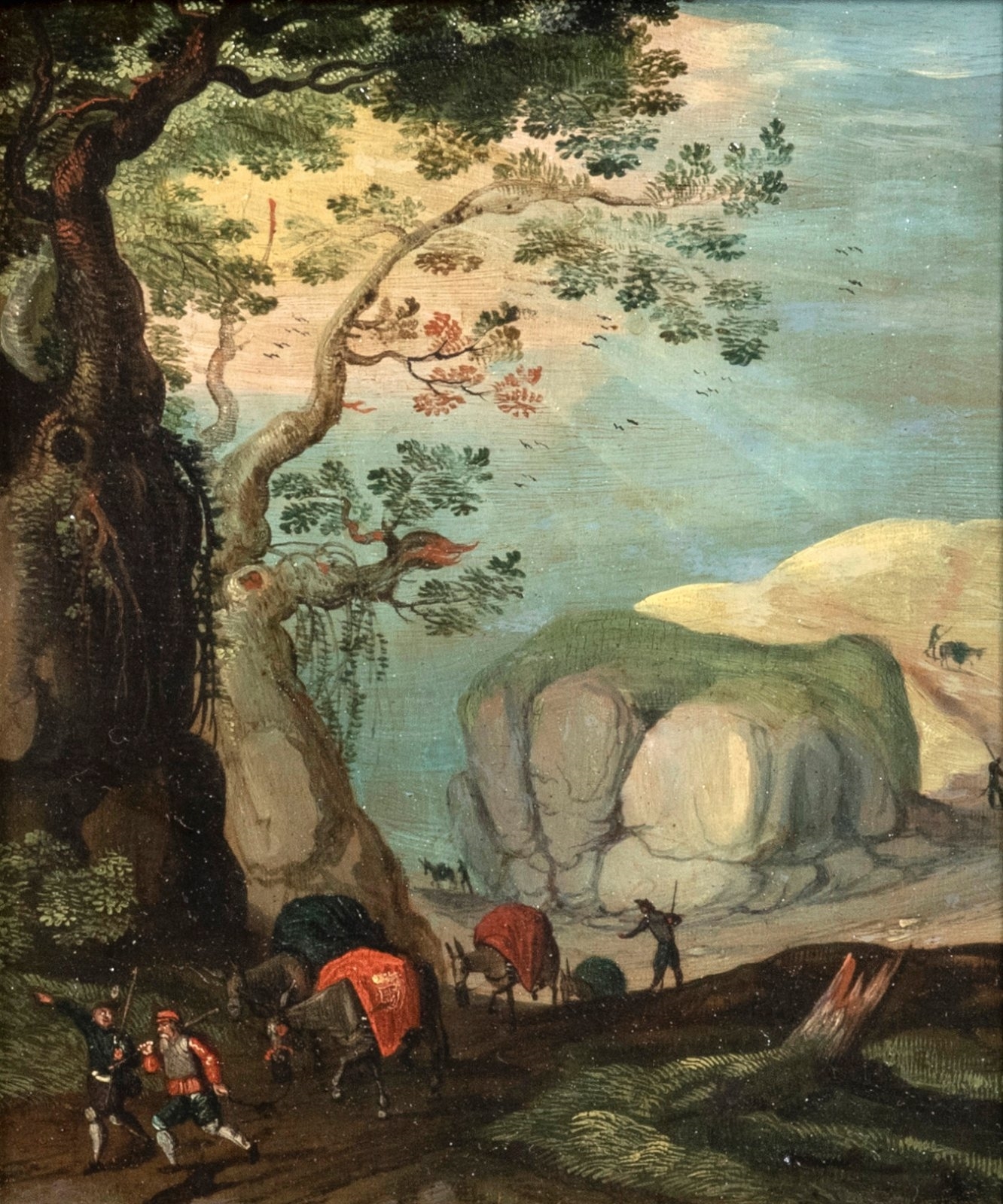 Artwork by Tobias Verhaecht, 2 Works: Les Chasseurs de Faucons à Cheval Dans un Paysage; Voyageurs dans un Paysage Montagneux, Made of Oil on copper