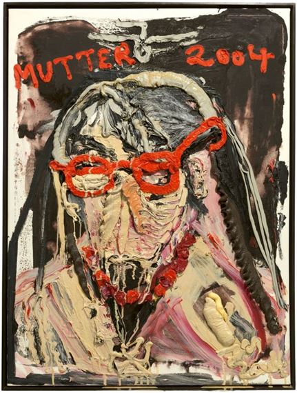 Mutter (gestürzt) mit roter Brille und rötlicher Perlenkette by Jonathan Meese, 2004