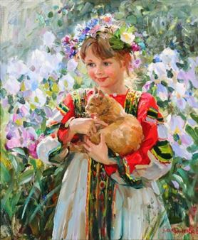 Children little girl cat flowers ' modern new unposted postcard by Salnikova 