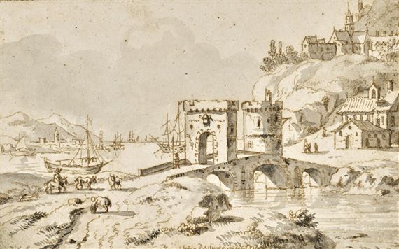 A capriccio of a fortified bridge and town by Josua de Grave