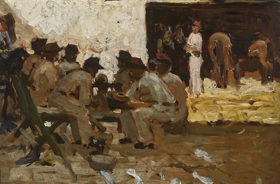 Stable Boy with Fez, Soldiers Seated, Morocco by Arthur Melville