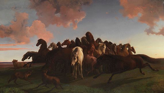 Von Wölfen zusammengetriebene Pferdeherde by Friedrich Anton Kilp, circa 1872