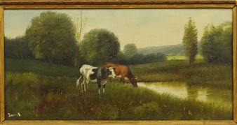 A pastoral oil painting of two cows grazing by a stream in a sunlit meadow.