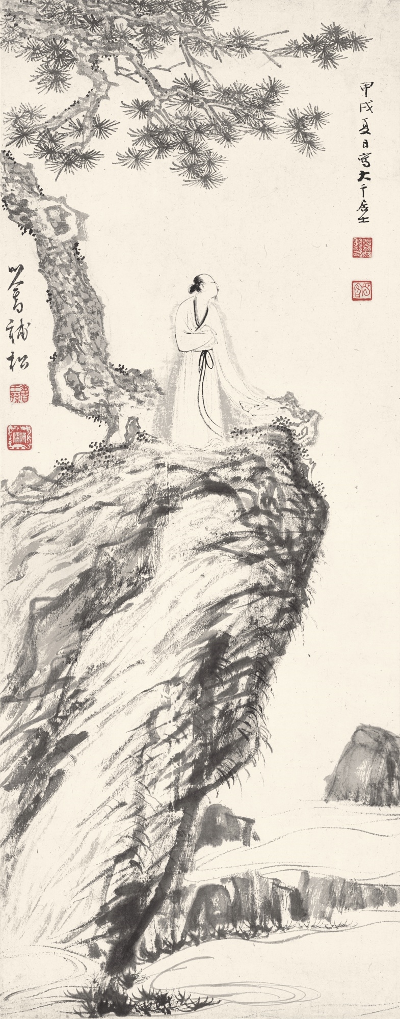 Artwork by Pu Ru, Zhang Daqian, SCHOLAR BENEATH PINE TREE, Made of ink on paper, hanging scroll