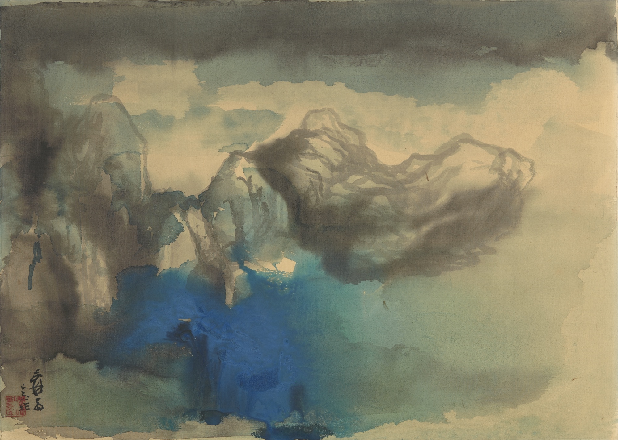 Artwork by Zhang Daqian, MOUNTAINS IN MORNING HAZE, Made of splashed colour on silk mounted on cardboard, framed