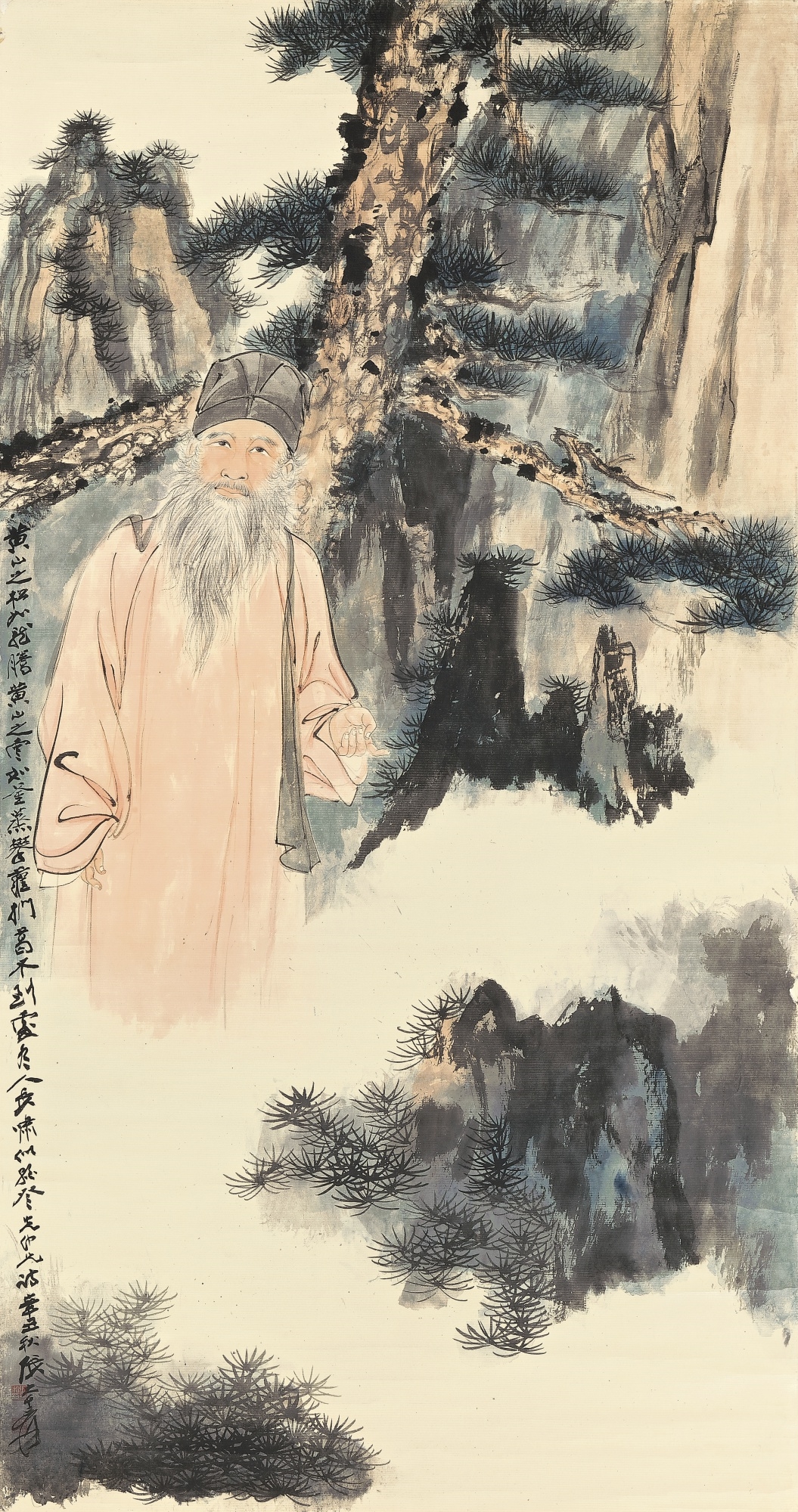 Artwork by Zhang Daqian, SELF PORTRAIT IN MOUNT HUANG, Made of ink and colour on paper, hanging scroll