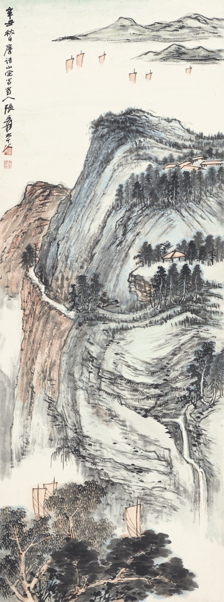 Artwork by Zhang Daqian, SAILBOATS BY THE AUTUMN MOUNTAINS, Made of ink and colour on paper, hanging scroll