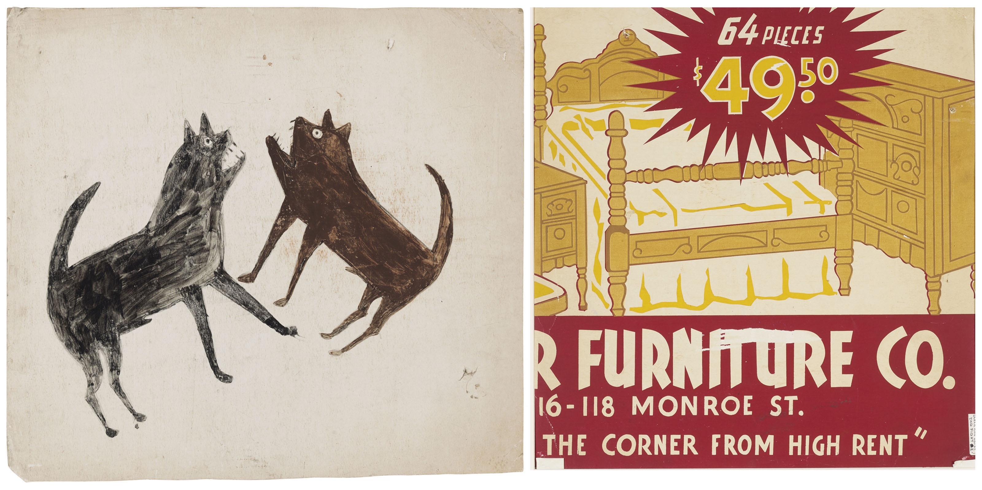 Artwork by Bill Traylor, Fighting Dogs, Made of tempera and graphite on repurposed card furniture company advertisement