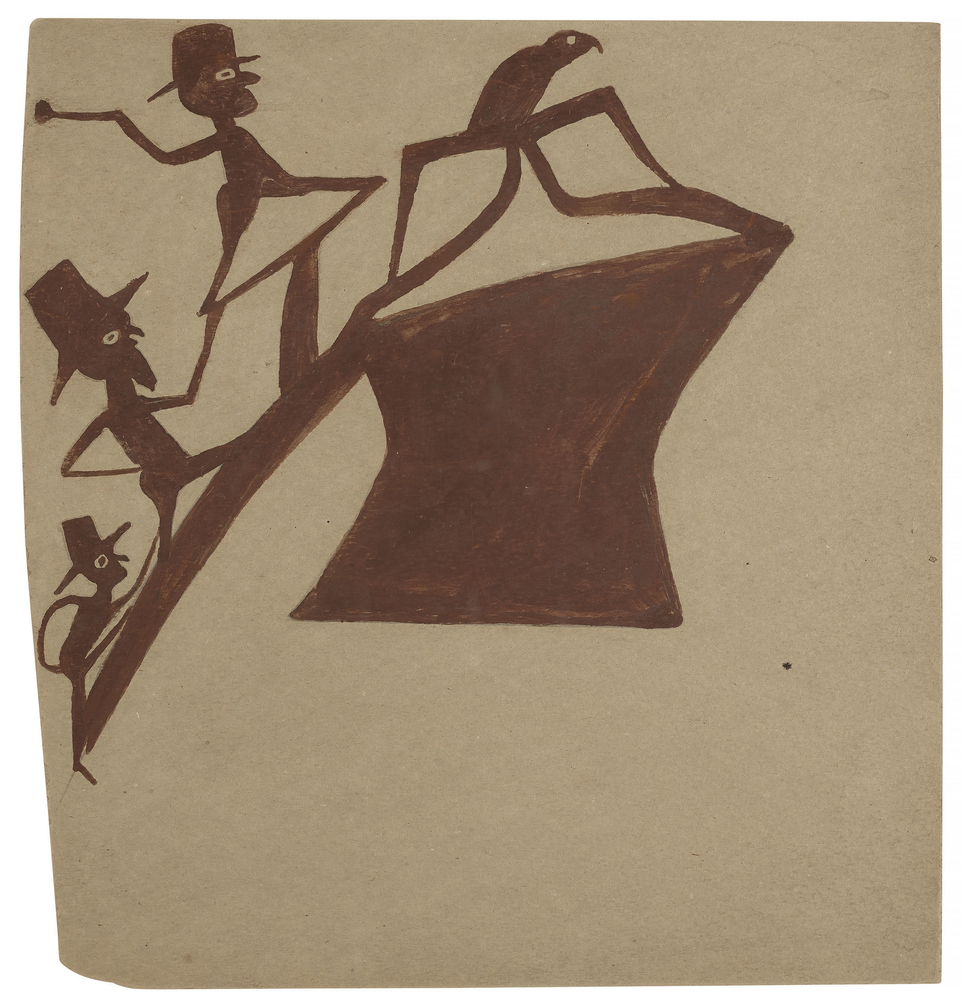 Artwork by Bill Traylor, Brown Figures Chasing Bird Up a Construction, Made of tempera and graphite on repurposed card
