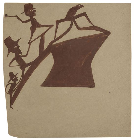 Brown Figures Chasing Bird Up a Construction by Bill Traylor, 1939-1942, 1939-1942