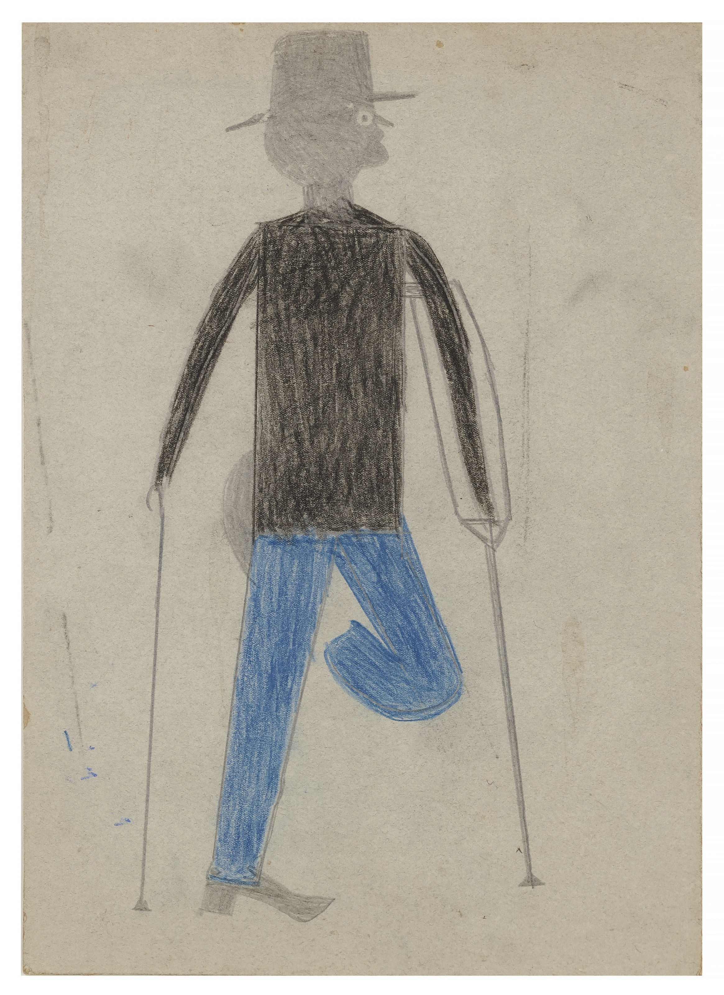 Artwork by Bill Traylor, One-Legged Man with Bent Knee on Crutch with Cane, 1939-1942, Made of graphite and colored pencil on card