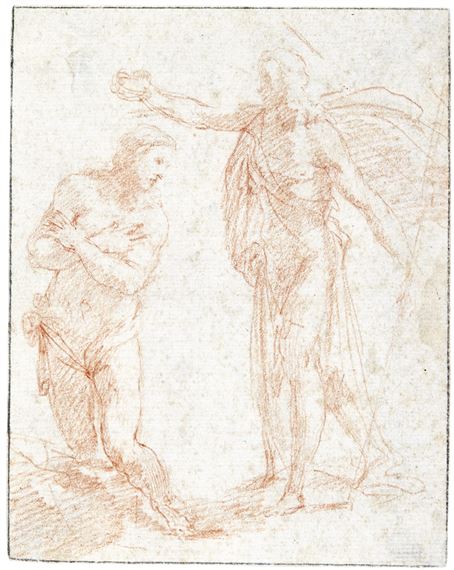 RECTO: THE BAPTISM OF CHRIST VERSO: STUDY OF SARCOPHAGI by Parmigianino