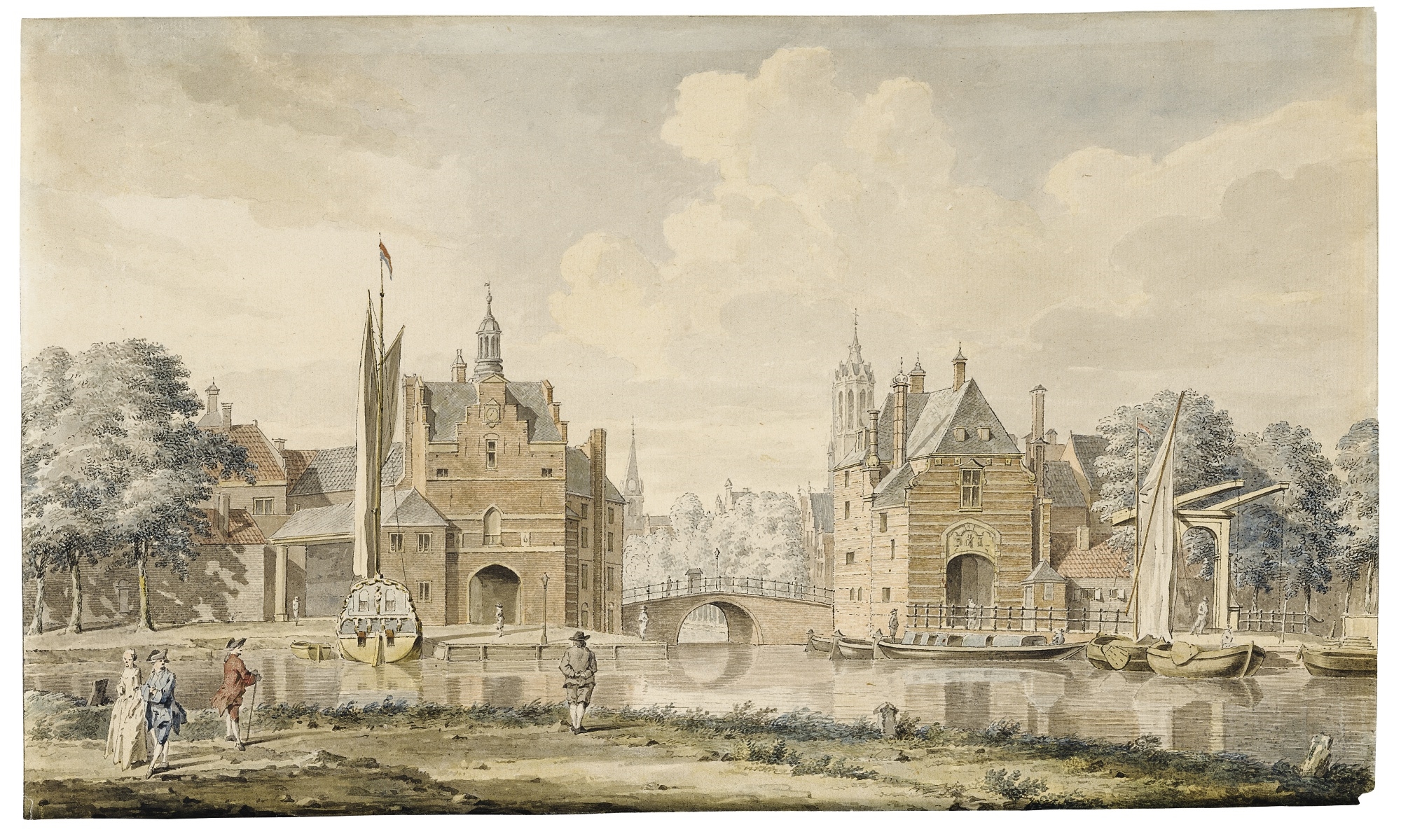Artwork by Jan ten Compe, Jacobus Buys, A VIEW OF DELFT FROM THE SOUTH, Made of Pen and black and gray ink and watercolor, over traces of pencil