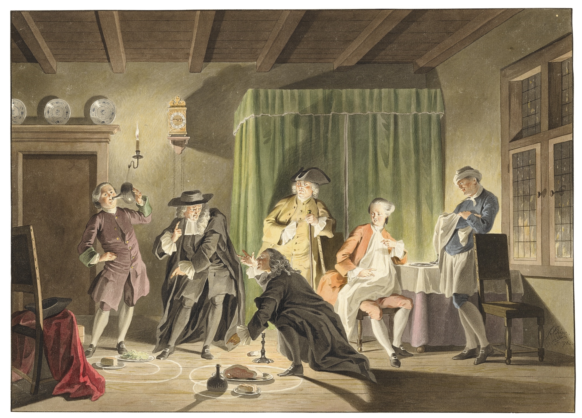 Artwork by Jacobus Buys, GENTLEMEN DISCUSSING COPERNICAN THEORY (A SCENE FROM THE THEATER), Made of Pen and gray ink and watercolor, over traces of pencil, within two sets of black ink framing lines