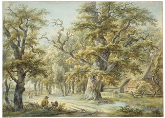 TRAVELLERS ON A ROAD THROUGH A WOOD, NEAR A FARM AT MIDLAREN - Egbert van Drielst