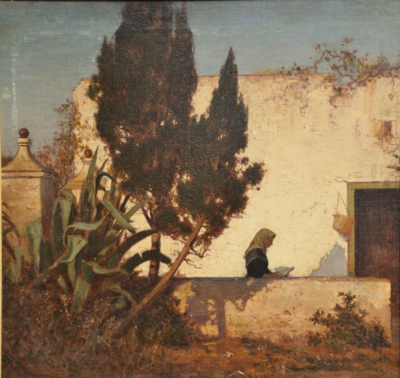 Artwork by Louis Comfort Tiffany, Woman Reading by Adobe House, Made of oil on canvas