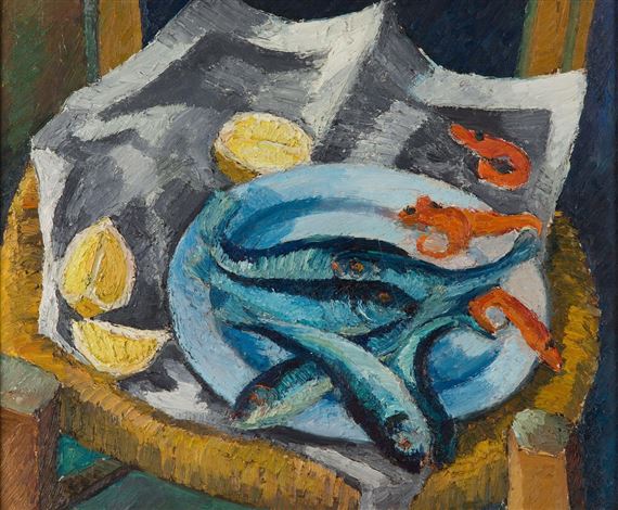 Still life with fish, shrimps and lemons by Maria-Mela Muter