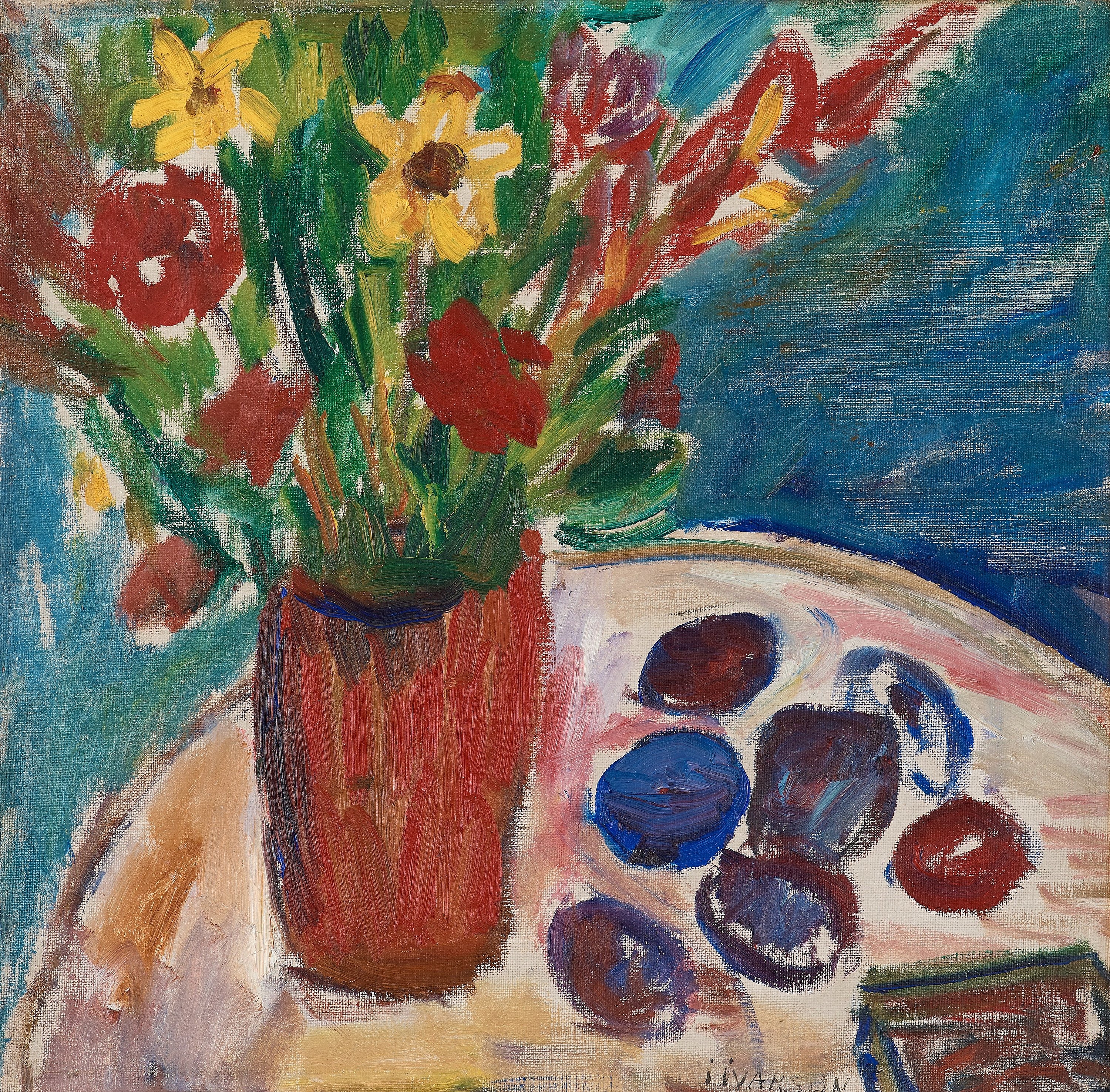Still life with flowers and plums
