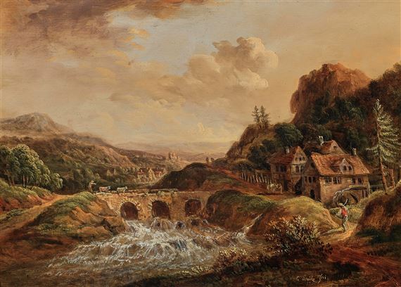 Christian Georg Schütz I | A mountainous river landscape with anglers ...