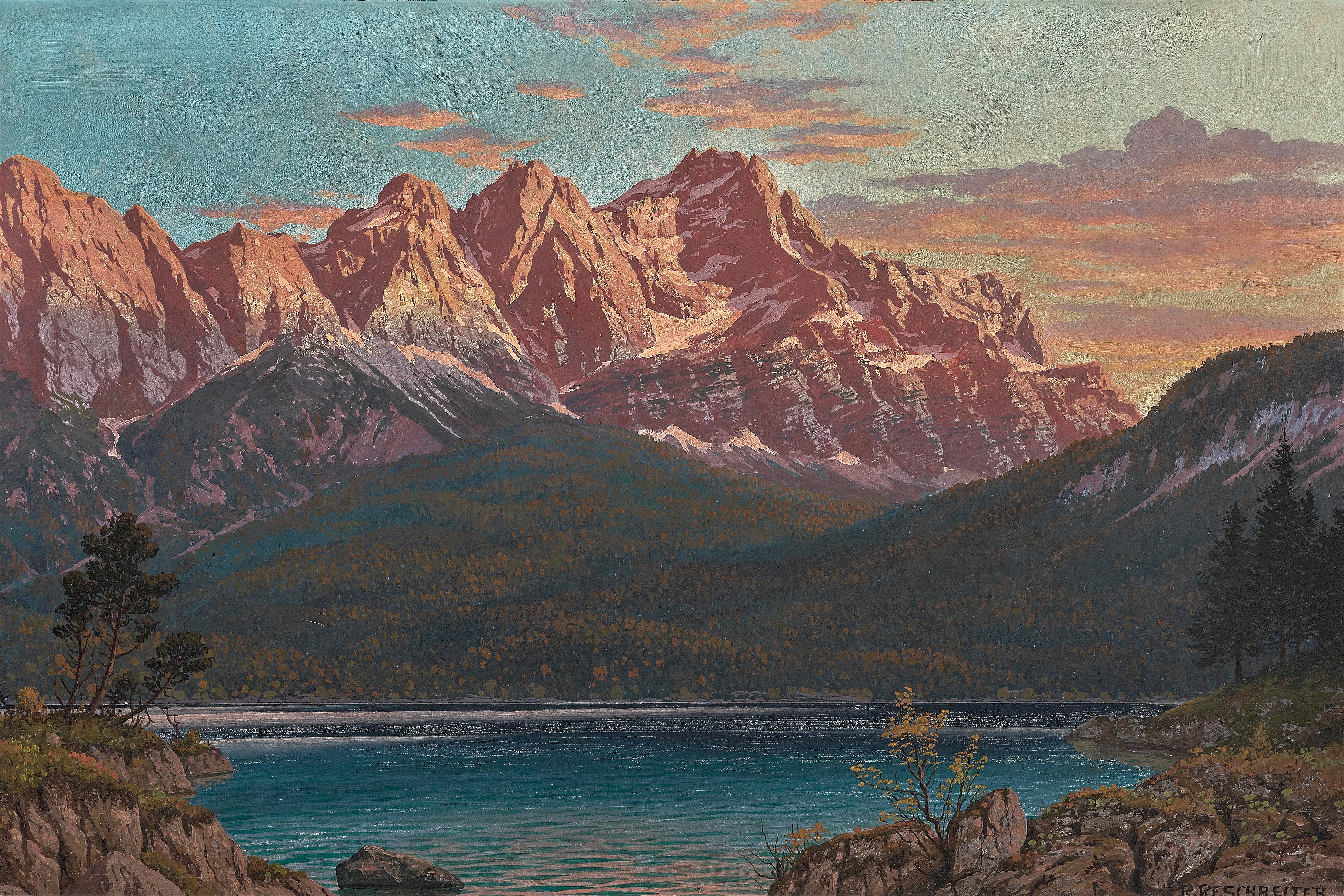 Artwork by Rudolf Reschreiter, Eibsee with Zugspitze (on evening of the Foehn winds), Made of Oil on cardboard