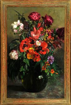 Stillleben mit Pfingstrosen, Freesien und Mohn in einer Glasvase - Alois Roth