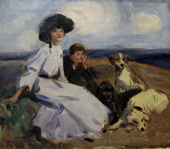 PORTRAIT OF A MOTHER AND SON WITH THREE DOGS, ON A MOOR - Frederic Whiting