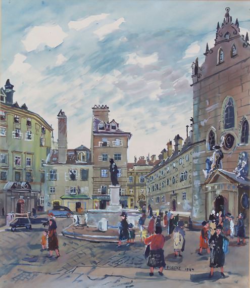 Belebte Straßenszenerie mit Stadtbrunnen by Oskar Laske, 1940