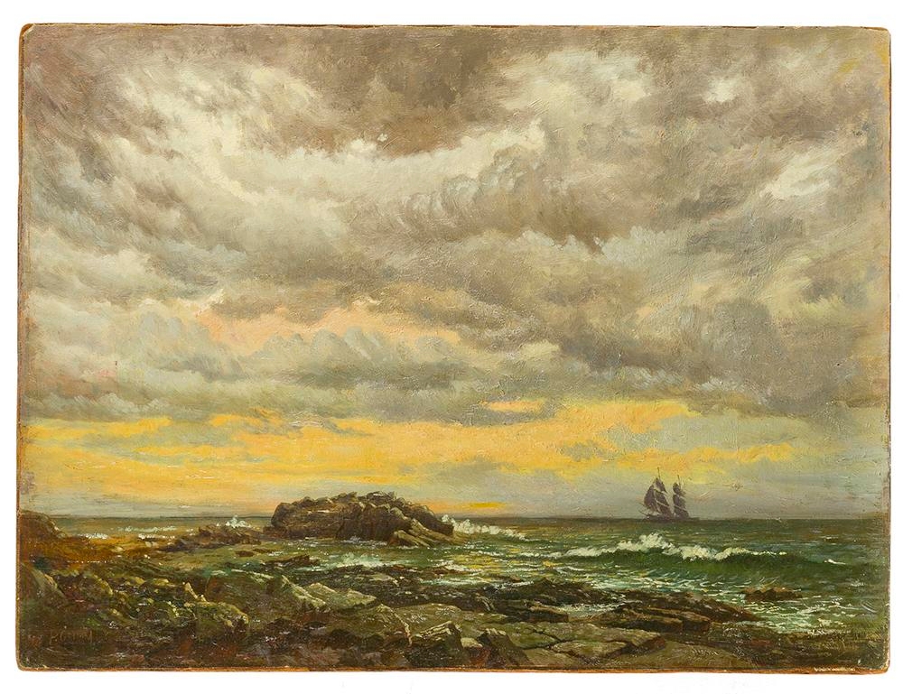 Artwork by Paul Grimm, Stormy Day, coastal with ship, Made of Oil on canvas laid to masonite