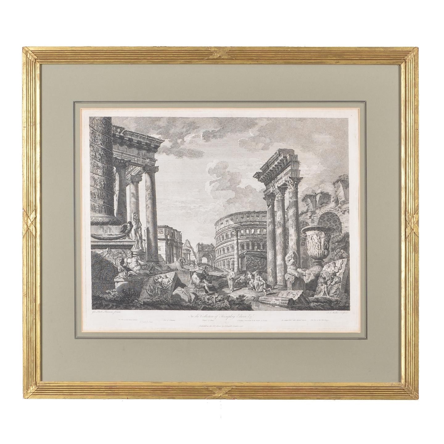 Artwork by Giovanni Paolo Pannini, SET OF FOUR 18TH CENTURY ENGRAVINGS OF ITALIAN ROMAN RUINS ENGRAVED BY JS MULLER, Made of engravings