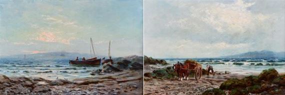 Horse and cart at a rocky coastline Boats moored at a rocky by Thomas Hope Mckay