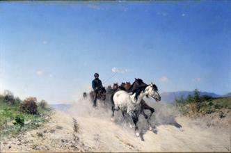 A dynamic outdoor scene of a horse and rider galloping along a dusty path.