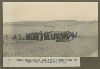 The photographs portray: the first meeting of Tel Aviv settlers on the site of Tel Aviv ("The Seashell Lottery", April 11, 1909) - rare photograph; leveling sand dunes; Herzl Street in 1910 and in the years 1924-1925; Rothschild Boulevard (in the years 1910, 1925); Herzlia Gymnasium; Nordia quarter; Tel Nordau neighborhood; the reinternment of the remains of Max Nordau opposite the old city... - Avraham Soskin