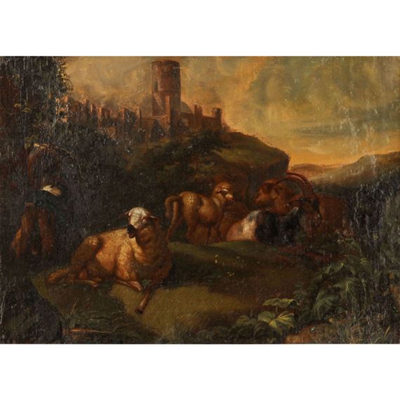 "Schafe und Ziegen in Hügellandschaft" by Johan Heinrich Roos
