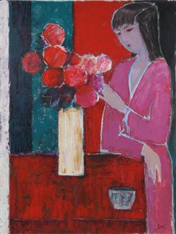 Woman in Pink with Red Flowers - José Canes