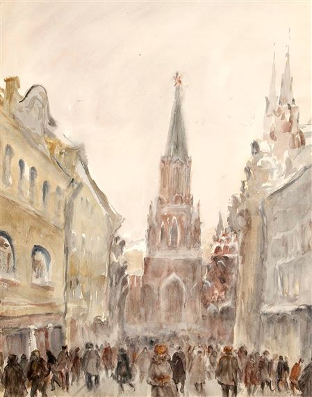 Moscow view of a busy street leading to a church by Elisabeth Kluchevskaya, 1984