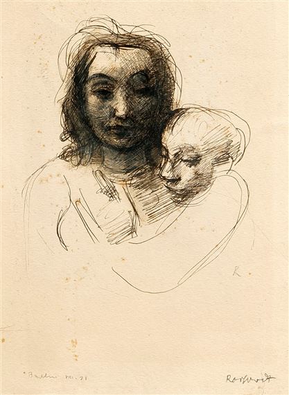 Artwork by Walter Roshardt, portrait of a young mother with child, Made of pen and ink drawing in brown with greenish accents on laid paper