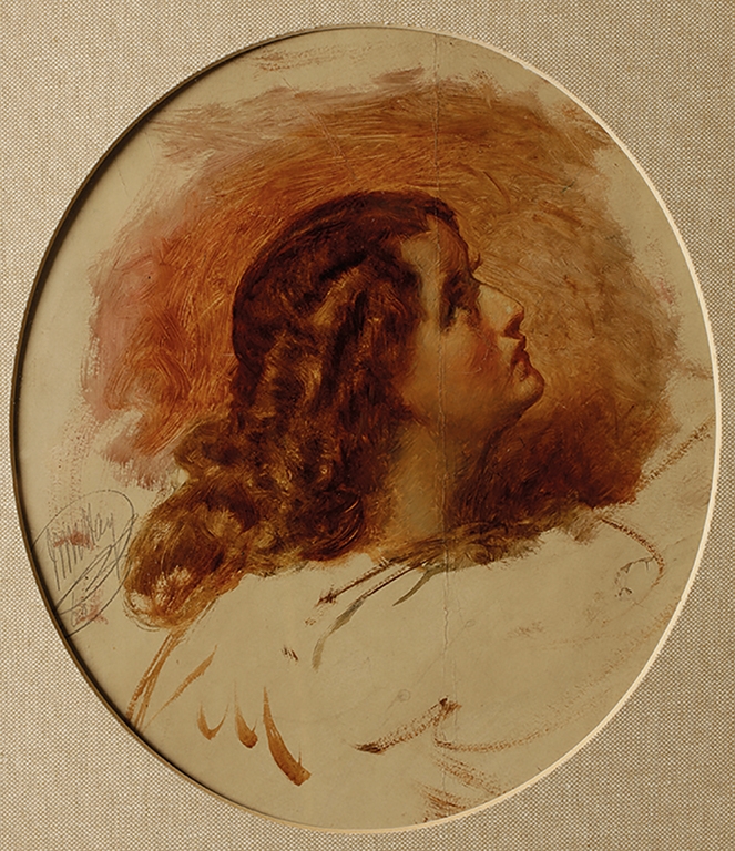 Artwork by William M. Hay, A profile portrait study of the head of a young lady, Made of oil on card
