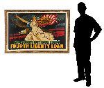 A vintage propaganda poster featuring a winged figure and an American flag, displayed next to a life-sized silhouette for scale.