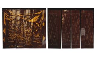 Cloison accordéon d'appartement à quatre grands panneaux et un petits panneaux en laque écaille foncée. - Ekmann