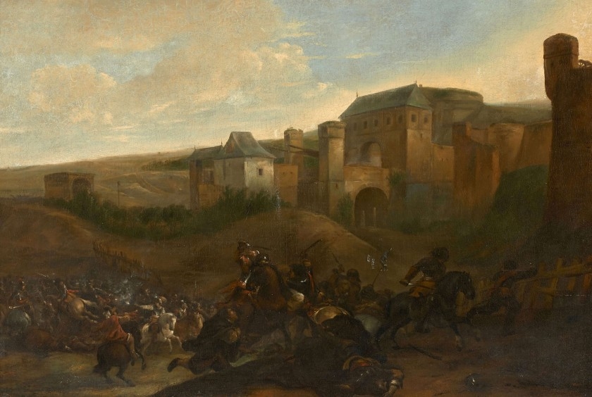 Artwork by Hendrick Verschuring, Choc de cavalierie à l'entrée d'une place forte, Made of Oil on canvas