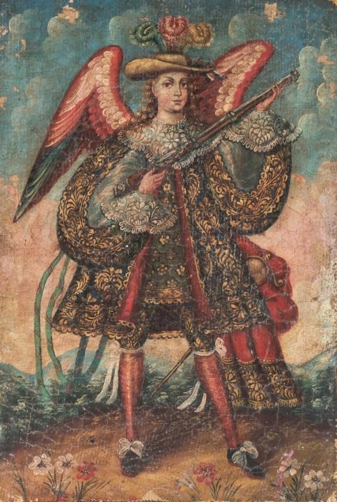 Artwork by Jose Lopez de los Rios, Archangel with Arquebus, Made of Oil on canvas laid down on board